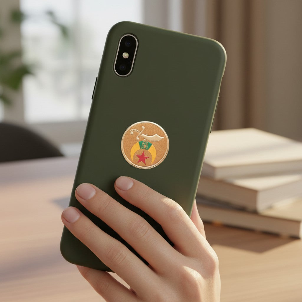 Metal Stickems Shriners decorative metal emblem sticker with scimitar and star design applied to a green smartphone case