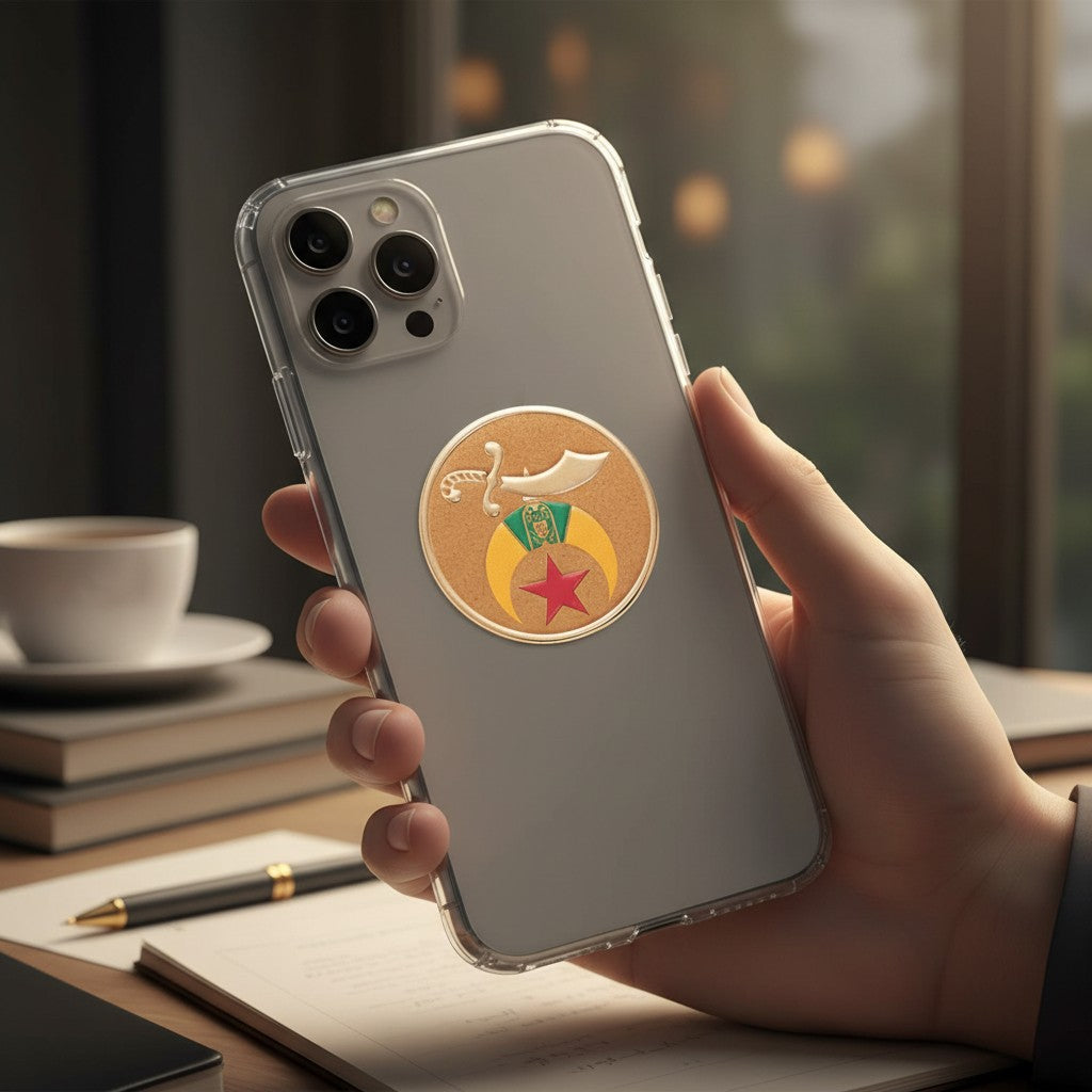 Metal Stickems 2-inch Shriners metal emblem with enamel detail applied to the back of a smartphone held in a hand.