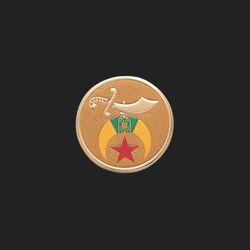Metal Stickems Shriners decorative adhesive metal emblem featuring a gold crescent, red star, and scimitar on a tan background