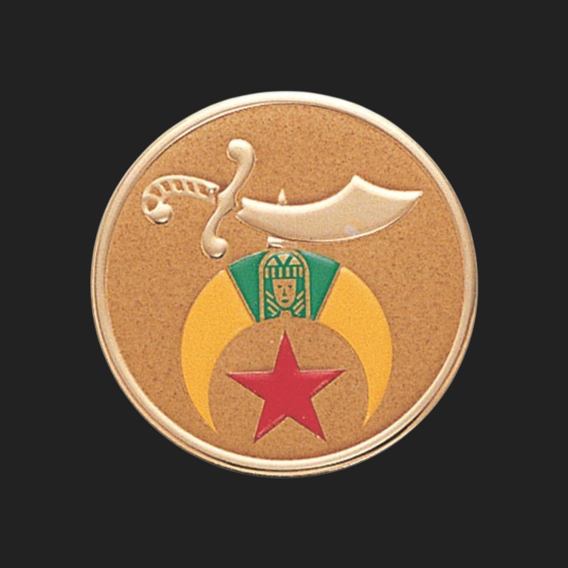 Metal Stickems 2-inch round Shriners emblem with a gold-tone finish, featuring a sword, crescent, and red star.