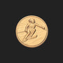 Metal Stickems 1-inch gold-tone embossed metal sticker featuring a detailed skier in motion for gear personalization.