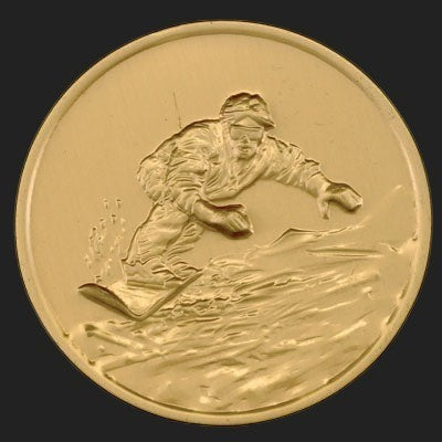 Metal Stickems 2-inch gold embossed metal sticker featuring a detailed snowboarder carving through fresh powder.