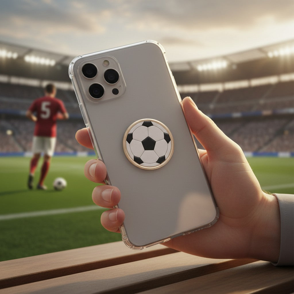 Metal Stickems soccer ball adhesive emblem attached to a smartphone case with a soccer field background