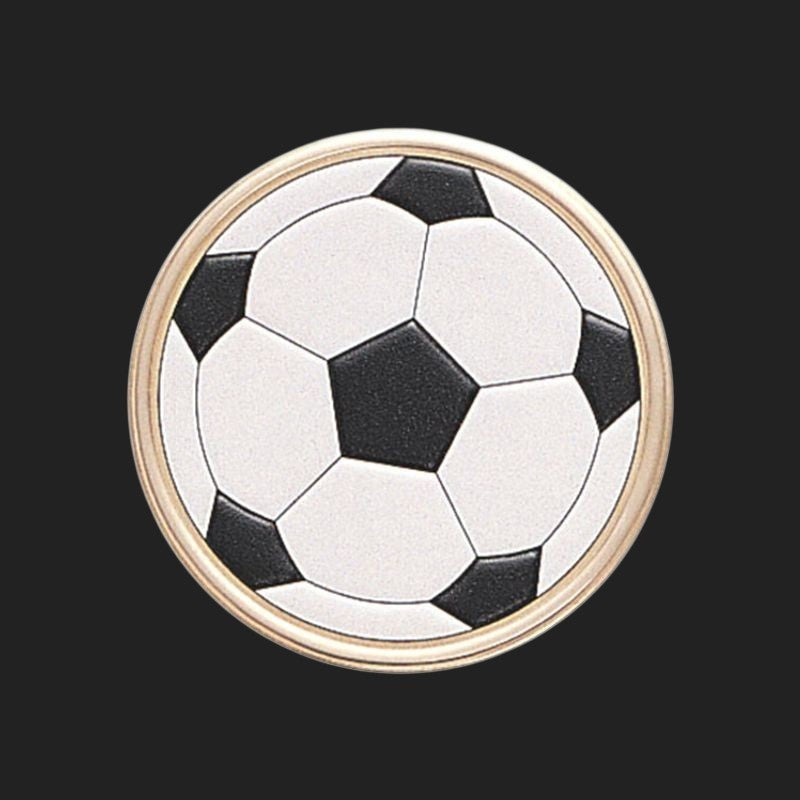 Metal Stickems 2-inch black and white soccer ball adhesive metal emblem for personal gear and accessories.