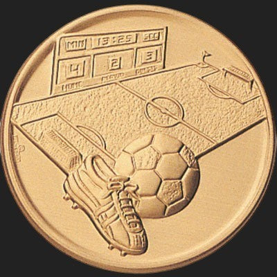 Metal Stickems 2-inch round gold metal sticker featuring an embossed soccer field, ball, and cleat design.