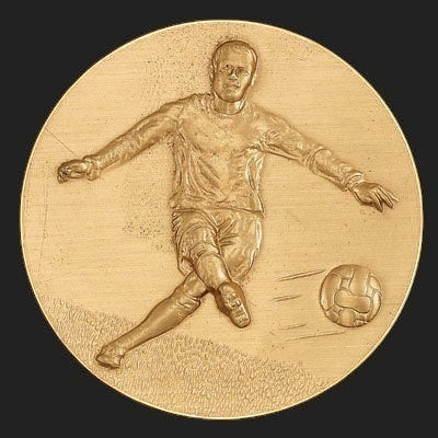 Metal Stickems 2-inch gold adhesive sticker featuring a raised relief design of a soccer player kicking a ball.