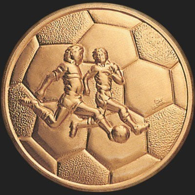 Metal Stickems 2-inch round gold-tone metal sticker featuring an embossed soccer players and ball design.