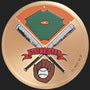 Metal Stickems 2-inch softball emblem featuring a field, crossed bats, and glove on a polished gold-tone metal disc.