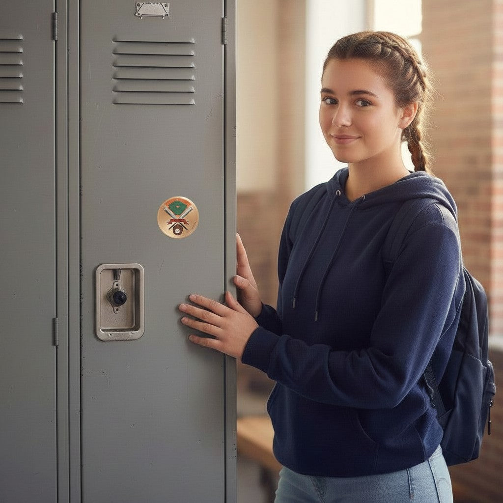 Metal Stickems softball metal sticker on a grey school locker next to a smiling girl in a blue hoodie