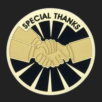 Metal Stickems 2-inch round sticker with a gold handshake design and Special Thanks text on a black background.