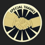 Metal Stickems 2-inch round sticker with a gold handshake design and Special Thanks text on a black background.