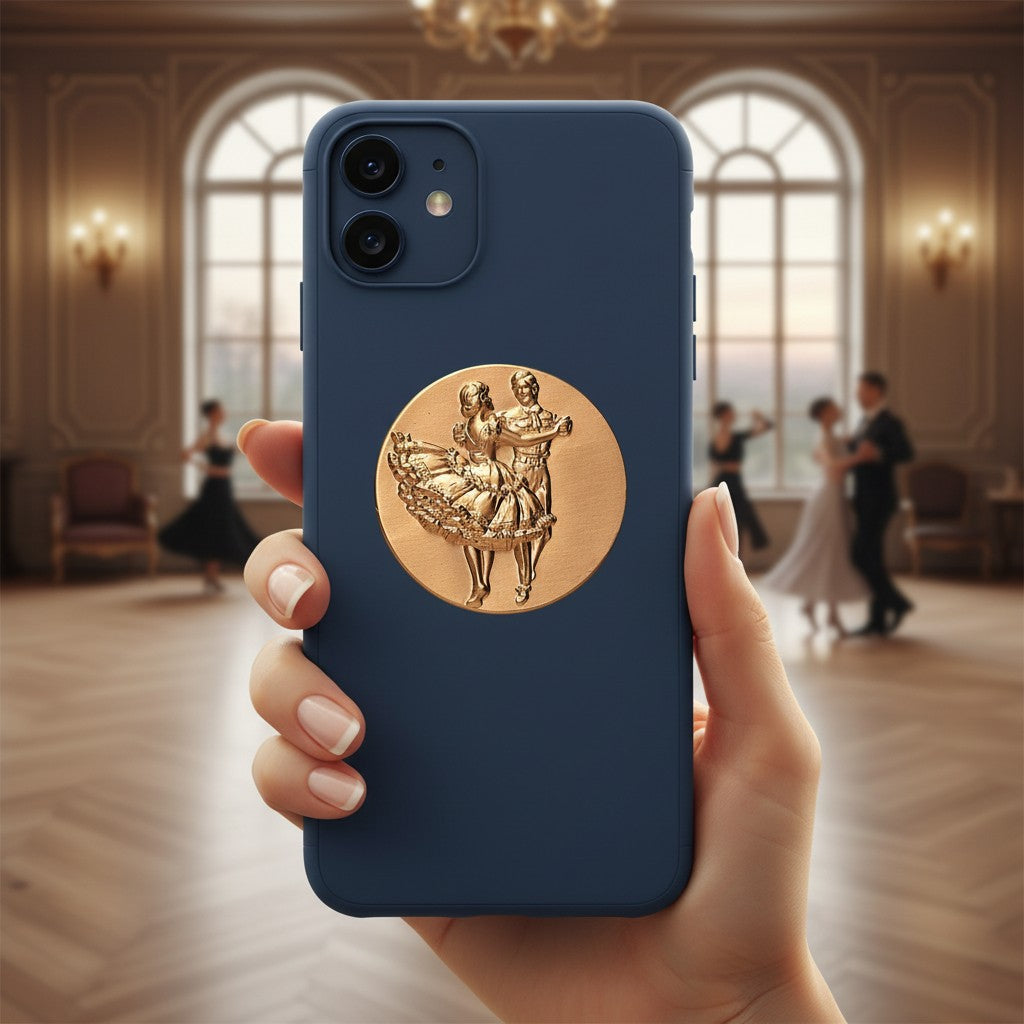 Metal Stickems square dance couple embossed gold metal sticker applied to a navy blue smartphone case.