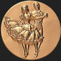 Metal Stickems 2-inch round embossed sticker featuring a gold-toned square dance couple in a raised relief design.