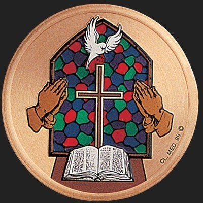 Metal Stickems religious stained glass cross emblem with praying hands, open Bible, and dove on a circular metal base.
