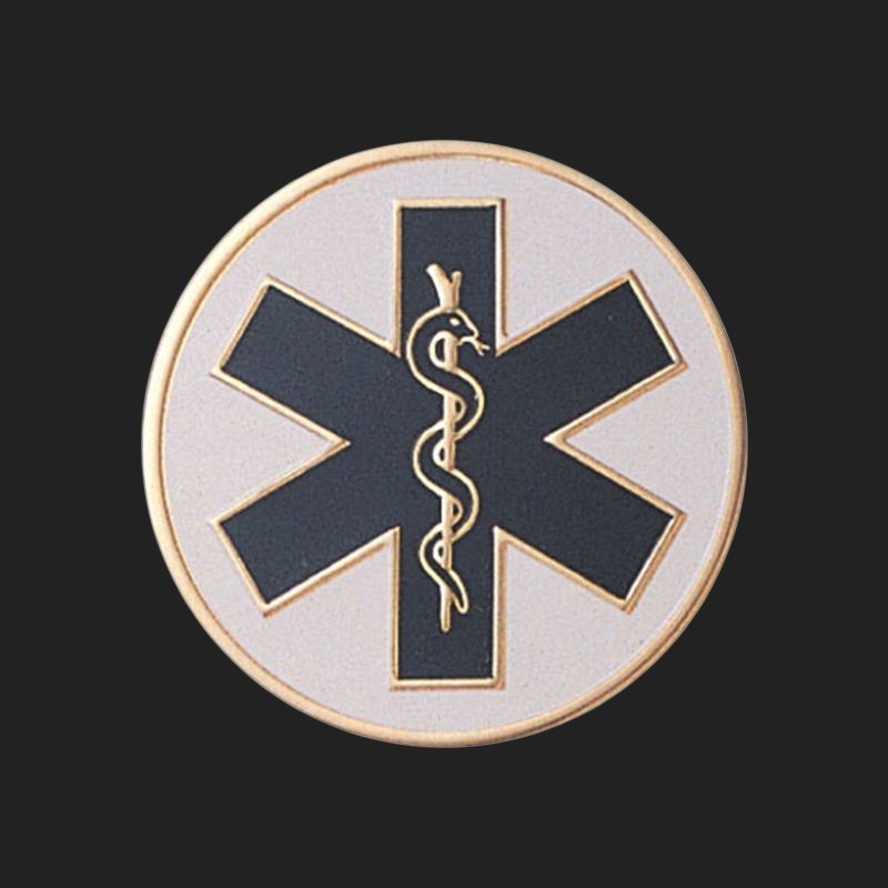 Metal Stickems 2-inch Star of Life medical emblem in black, white, and gold metal for EMT and paramedic gear.