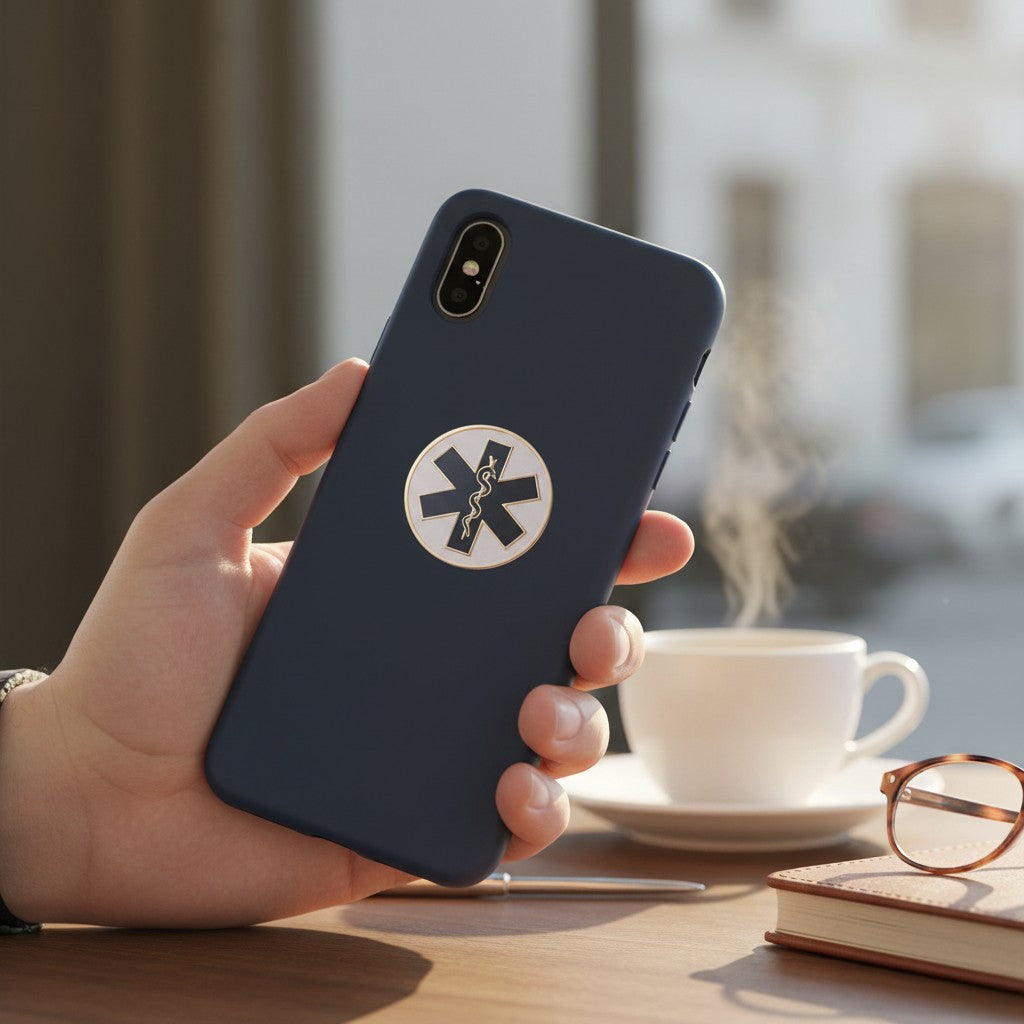 Metal Stickems 2-inch Star of Life medical symbol sticker in black, white, and gold on a dark blue smartphone case.