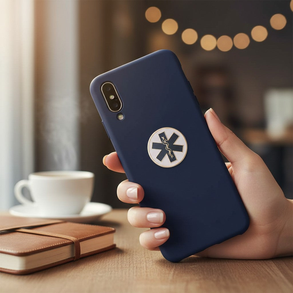 Metal Stickems 7/8 inch black and gold Star of Life metal emblem sticker applied to a navy blue smartphone case