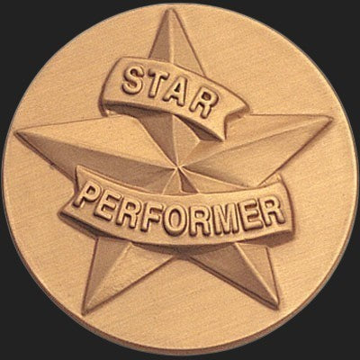 Metal Stickems 2-inch round metallic gold sticker with embossed star design and Star Performer text for awards.