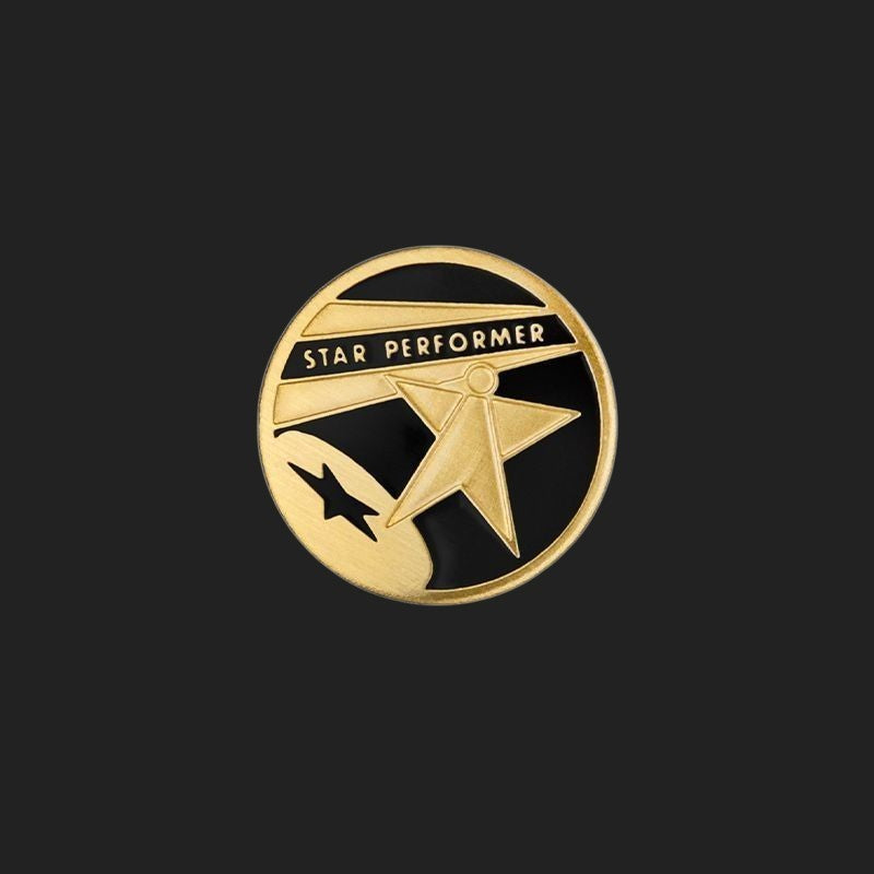 Metal Stickems 7/8 inch gold and black Star Performer adhesive metal emblem for employee recognition awards.