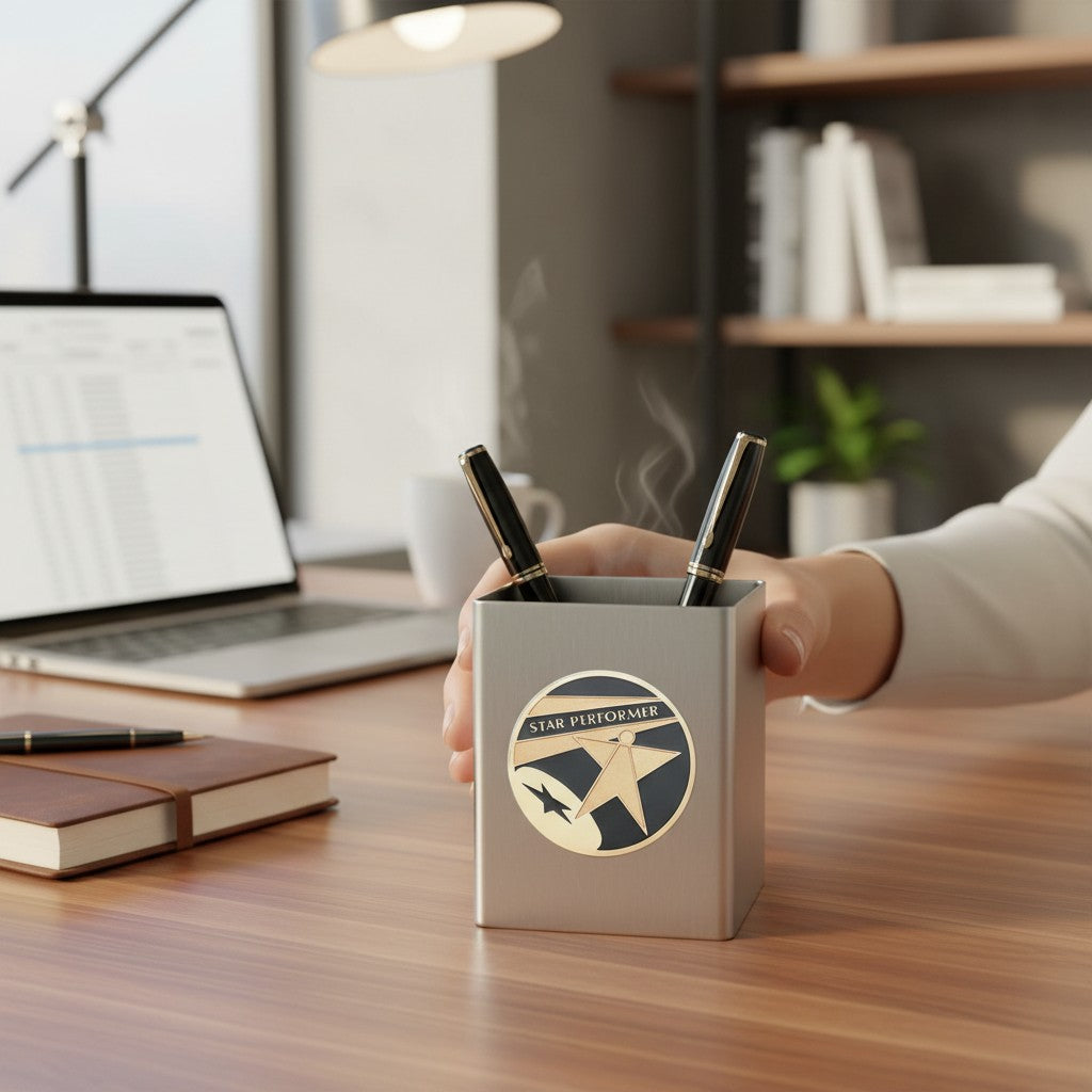 Metal Stickems 2-inch round Star Performer metal sticker applied to a brushed metal desk pen holder in an office.