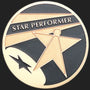 Metal Stickems 2-inch round metal sticker featuring a Star Performer design in gold and black for employee recognition.