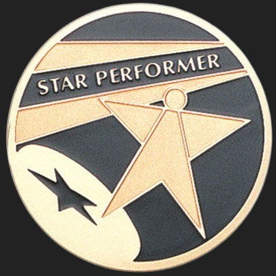Metal Stickems 2-inch round metal sticker featuring a Star Performer design in gold and black for employee recognition.