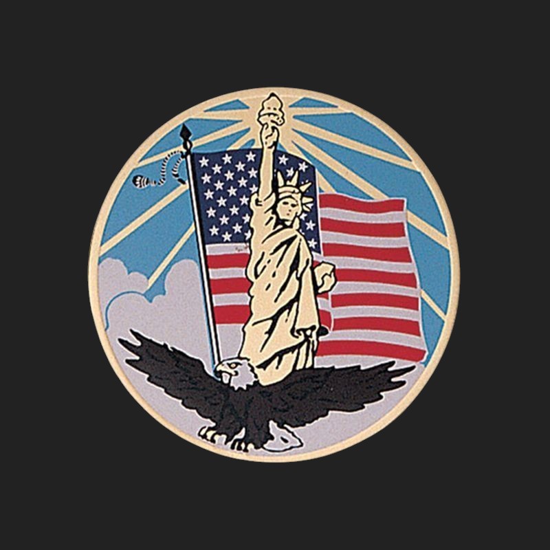 Metal Stickems 2-inch circular sticker featuring the Statue of Liberty, American flag, and bald eagle in vibrant colors.