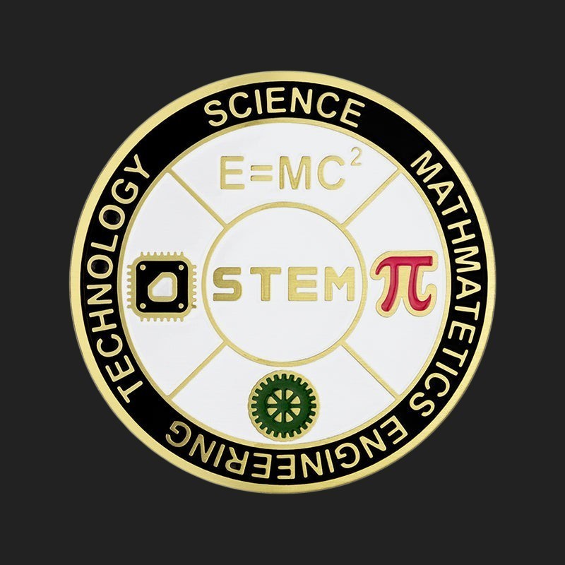 Metal Stickems 2-inch circular STEM education sticker featuring E=MC2, microchip, and Pi symbols in gold, white, black.