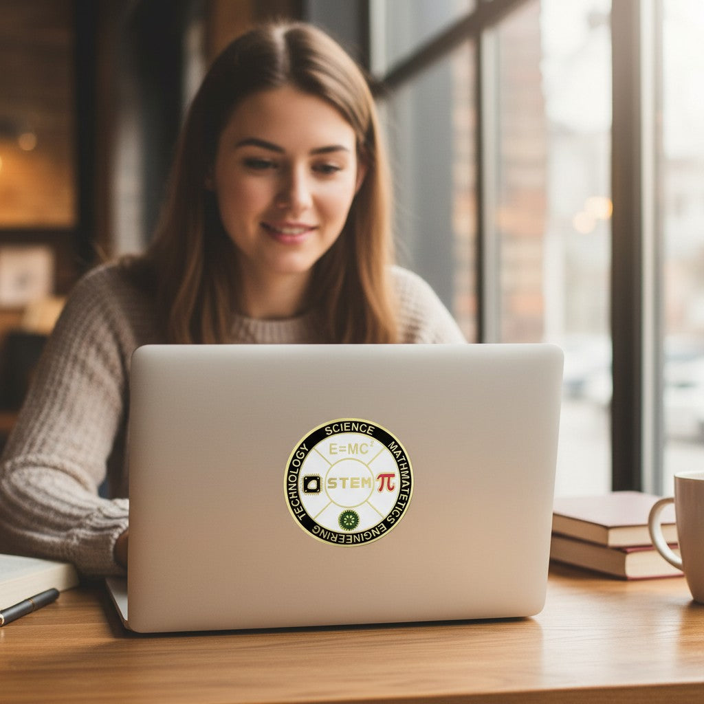 Metal Stickems 2-inch STEM metal sticker with science icons on a laptop, used by a student in a bright office.