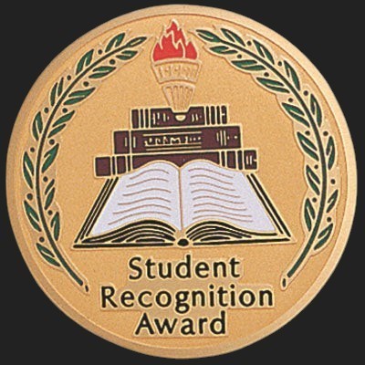 Metal Stickems 2-inch gold-tone adhesive award medallion featuring an open book, torch, and laurel leaf design.