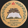 Metal Stickems 2-inch gold-tone adhesive award medallion featuring an open book, torch, and laurel leaf design.