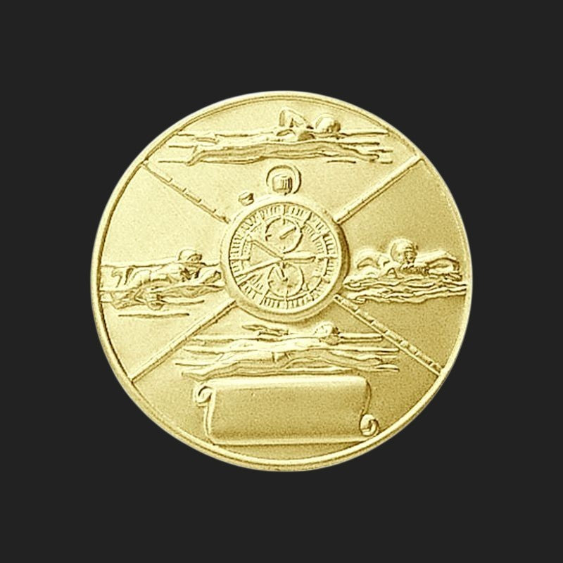 Metal Stickems 2-inch gold-tone swimming achievement sticker with stopwatch motif and swimmer silhouettes.