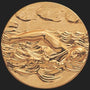 Metal Stickems 2-inch gold-tone adhesive medallion featuring an embossed swimmer in motion for water bottles or gear.