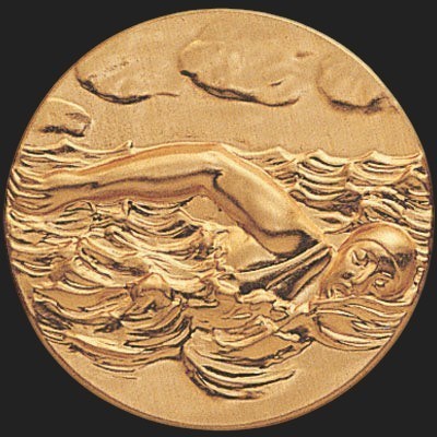Metal Stickems 2-inch gold-tone adhesive medallion featuring an embossed swimmer in motion for water bottles or gear.