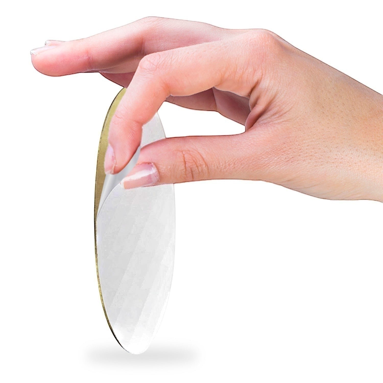 Hand peeling the adhesive backing off a 2-inch round Metal Stickems swimming competition metal emblem sticker.