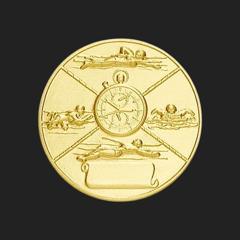 Metal Stickems 2-inch gold-tone swimming competition sticker featuring engraved swimmers and a stopwatch design.