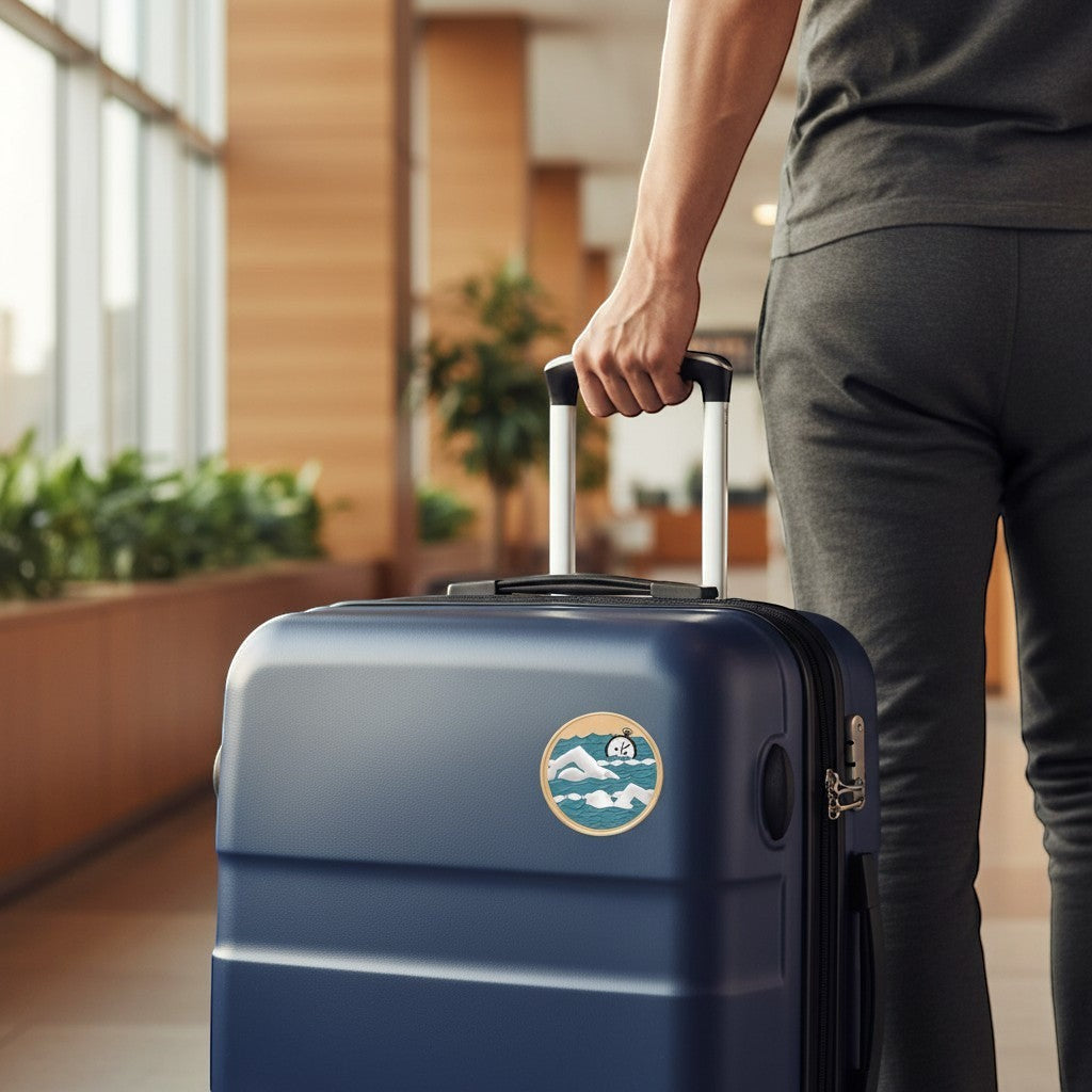 Metal Stickems swimming competition metal sticker on a navy blue suitcase held by a person in an airport terminal.