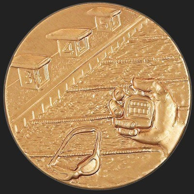 Metal Stickems 2-inch round adhesive sticker featuring an embossed swimming competition design with blocks and goggles.