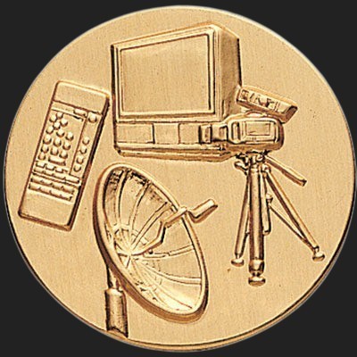 Metal Stickems 2-inch circular gold metal sticker featuring embossed television broadcasting equipment icons.