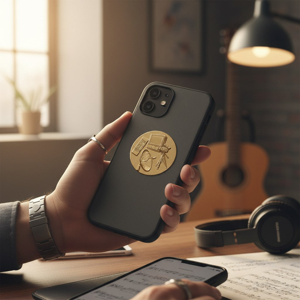 Metal Stickems 2-inch gold metal sticker with embossed television broadcasting equipment on a black smartphone case.