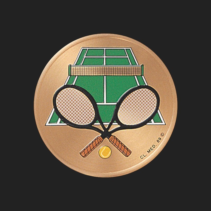 Metal Stickems 2-inch tennis court metal sticker featuring crossed rackets and a ball on a gold-tone finish.