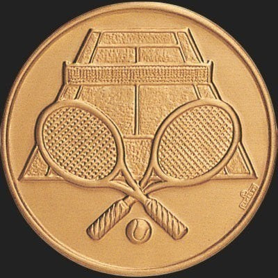 Metal Stickems 2-inch circular gold metal sticker featuring an embossed tennis court, crossed rackets, and a ball.