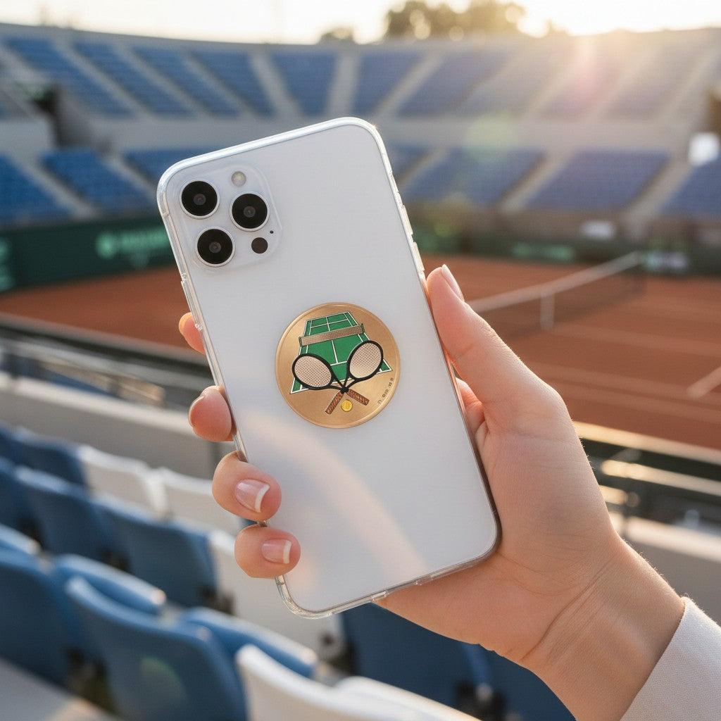 Metal Stickems tennis court metal sticker on a white smartphone case held in front of a blurred tennis stadium.