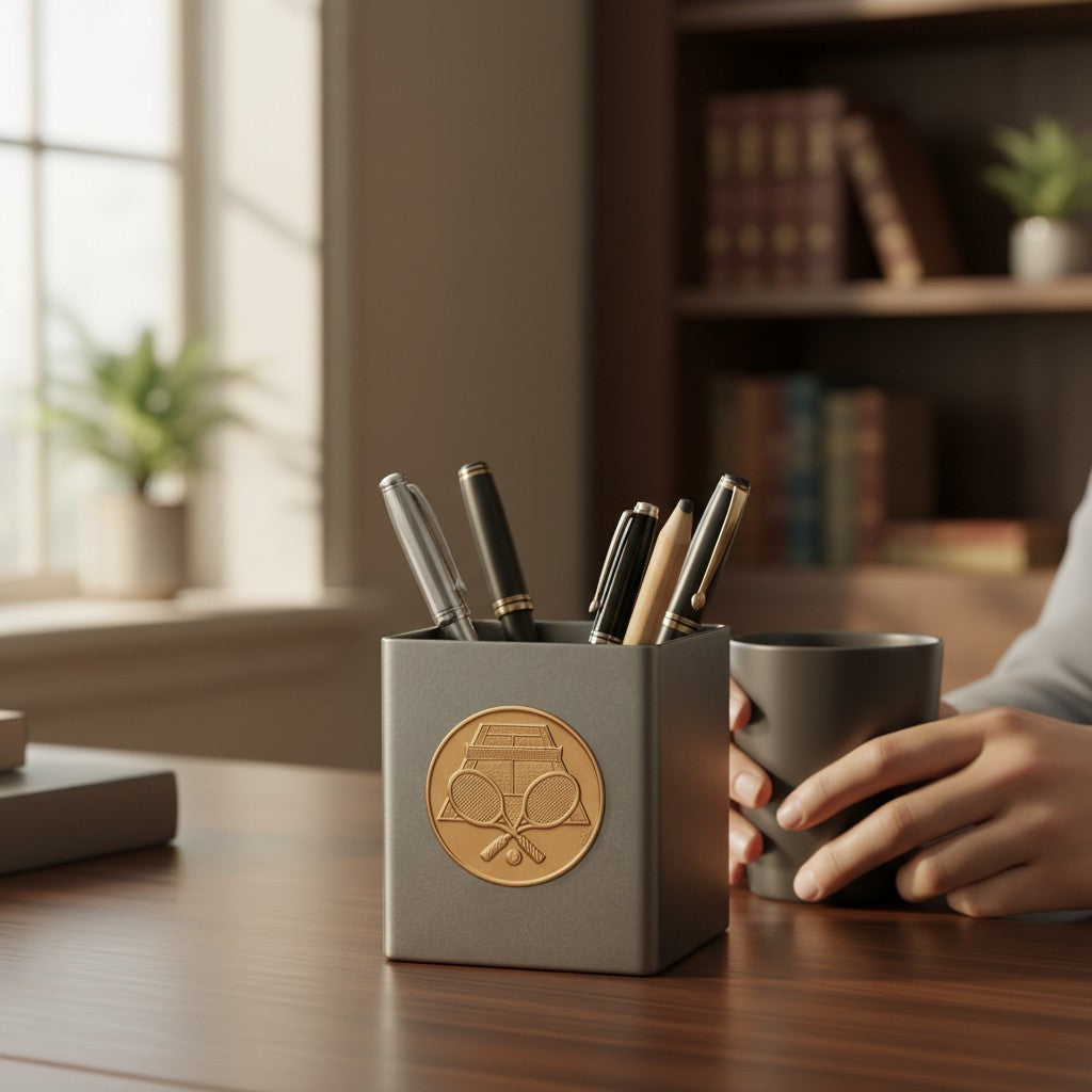 Metal Stickems 2-inch circular gold-toned metal sticker with embossed tennis court and rackets on a desk pen holder.