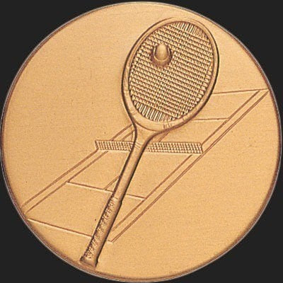 Metal Stickems 2-inch round adhesive sticker featuring an embossed gold tennis racket and court design.