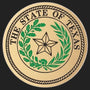 Metal Stickems 2-inch gold and green adhesive metal sticker featuring the State of Texas seal and lone star design.