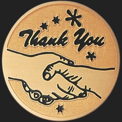Metal Stickems 2-inch round gold-tone metal sticker featuring an embossed handshake design and Thank You lettering.
