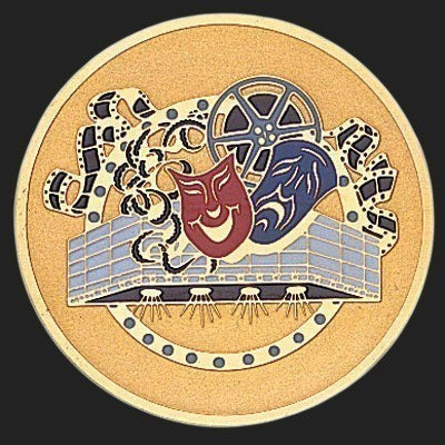 Metal Stickems 2-inch theater sticker featuring drama masks, film reel, and marquee design in gold, red, and blue.