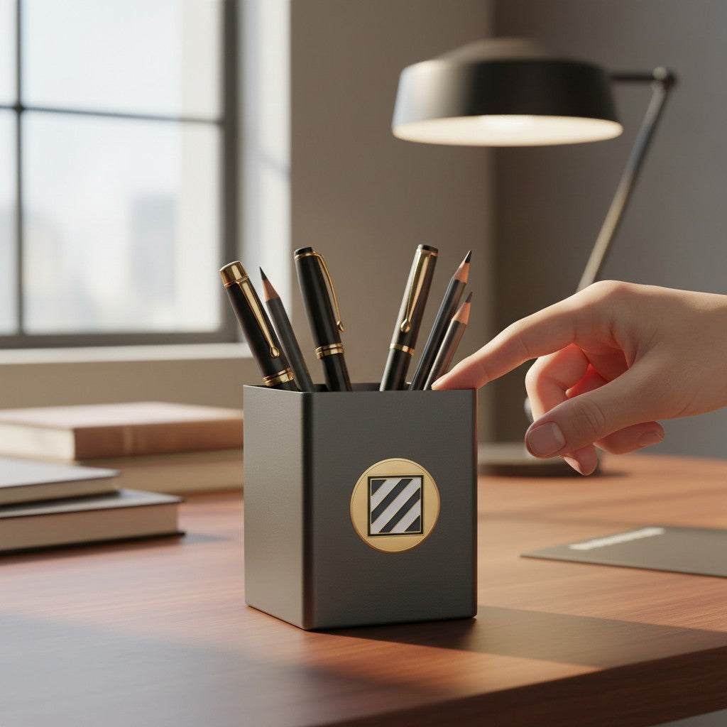 Metal Stickems 2-inch Third Infantry Division metal emblem sticker applied to a black desk pen holder.
