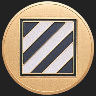 Metal Stickems 2-inch Third Infantry Division metal emblem with gold, black, and white diagonal stripe design.